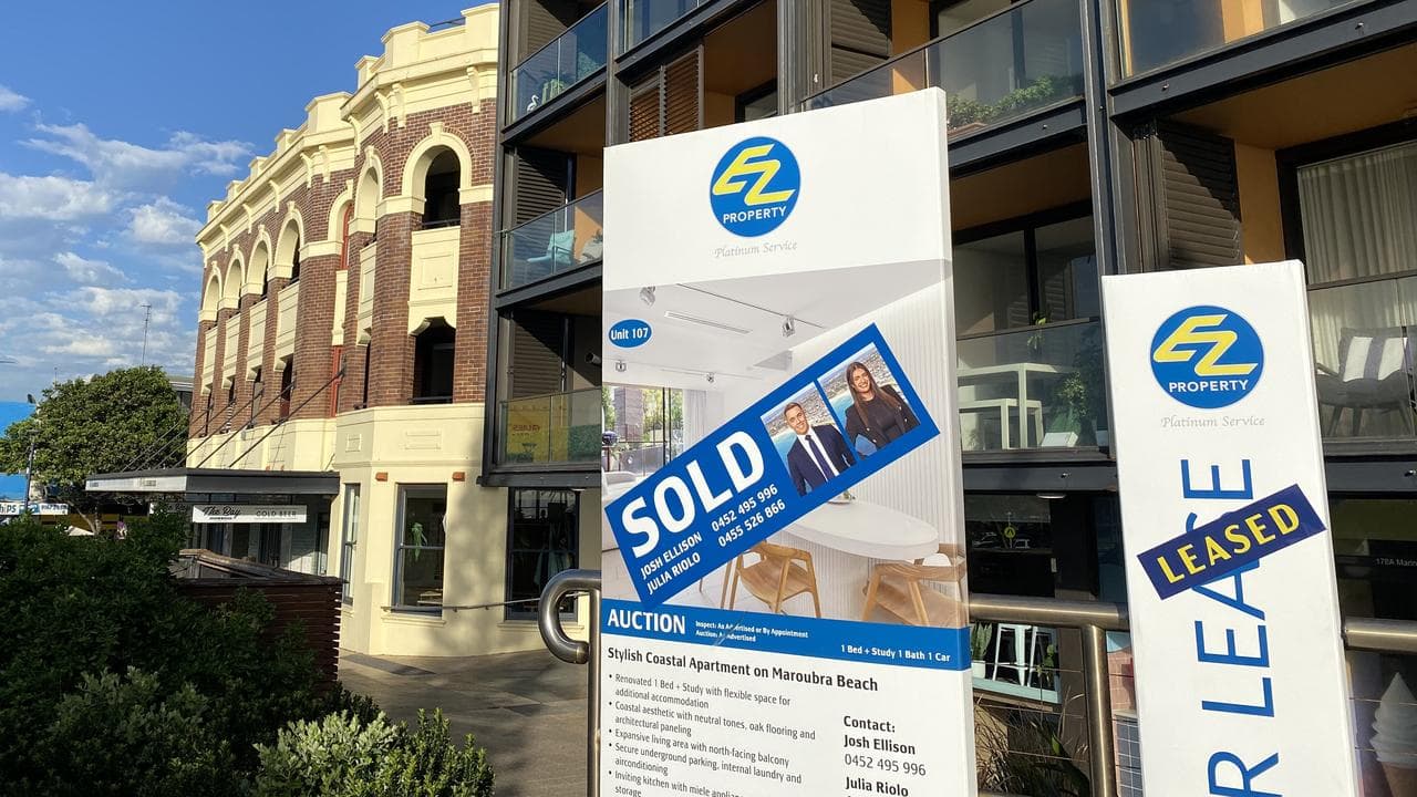 Real estate signs at a block of apartments in Maroubra, Sydney
