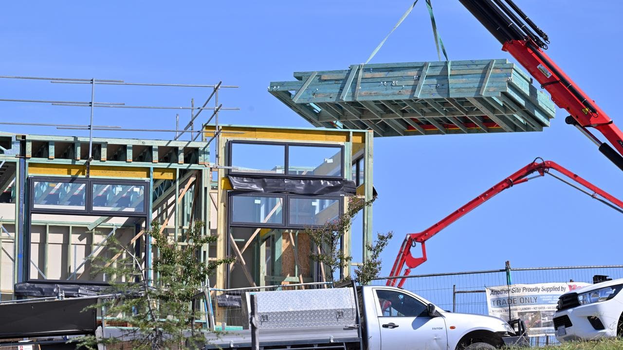 The wooden frame of a house being built