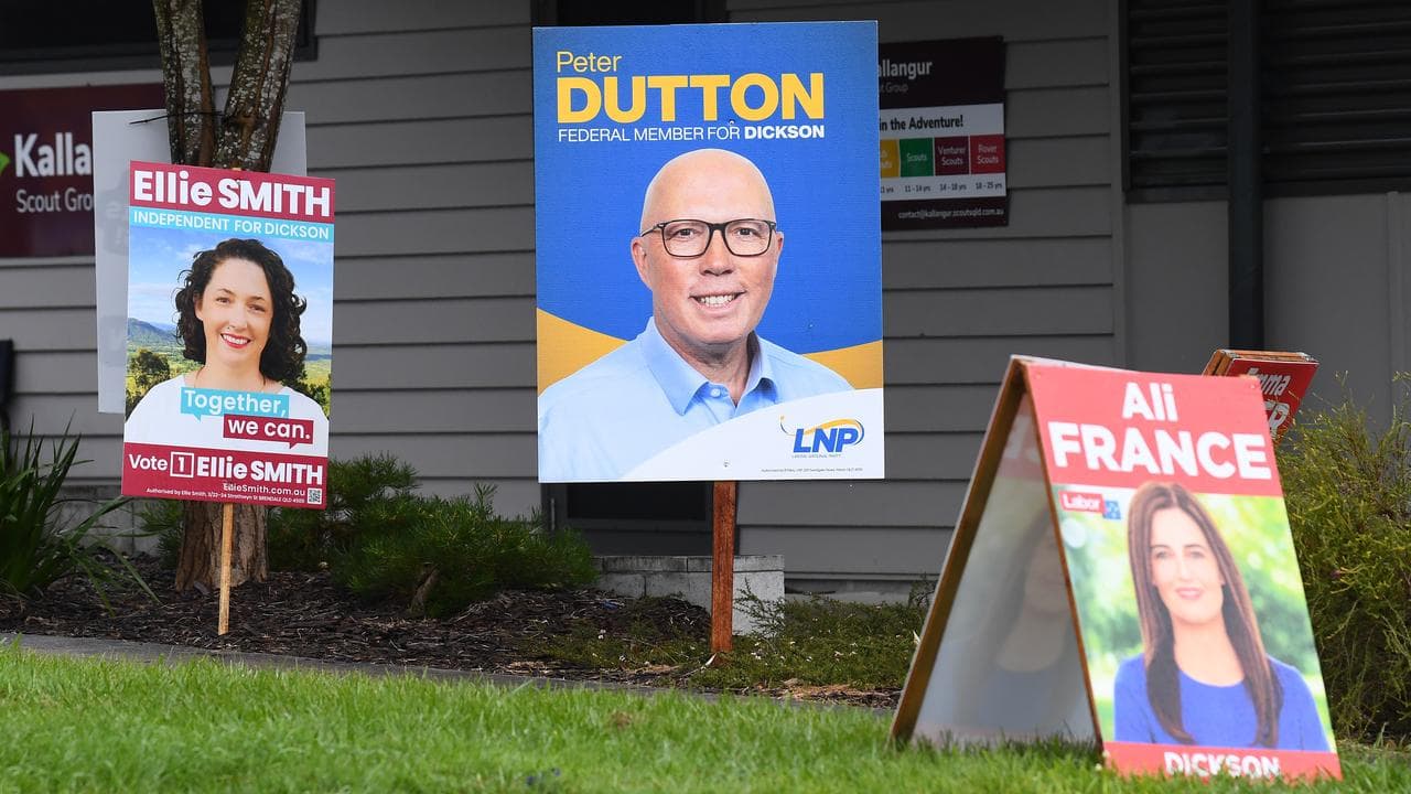 Corflutes of Ellie Smith, Peter Dutton and Ali France in Dickson