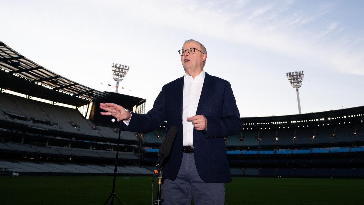 Prime Minister Anthony Albanese speaks to media at the MCG