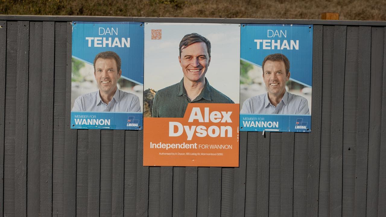 Corflutes of Dan Tehan and Alex Dyson in Warrnambool, Victoria