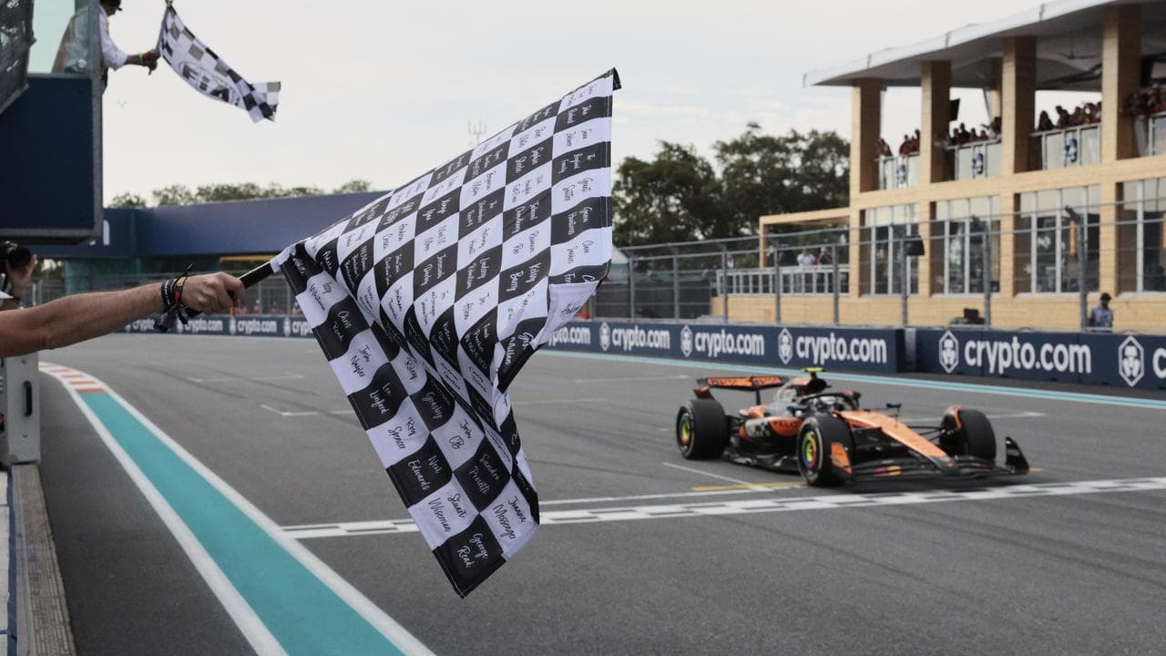 Australian Oscar Piastri crosses the finish line in Miami.