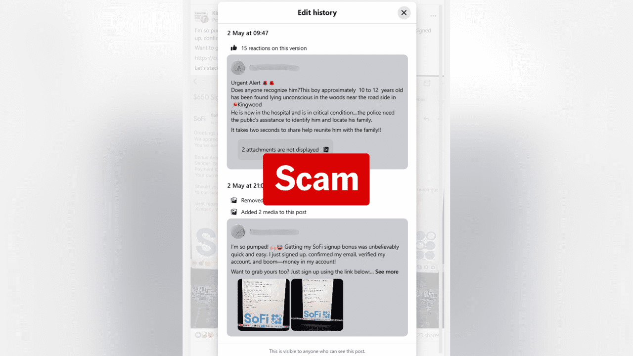 One of the Facebook posts's edit history.