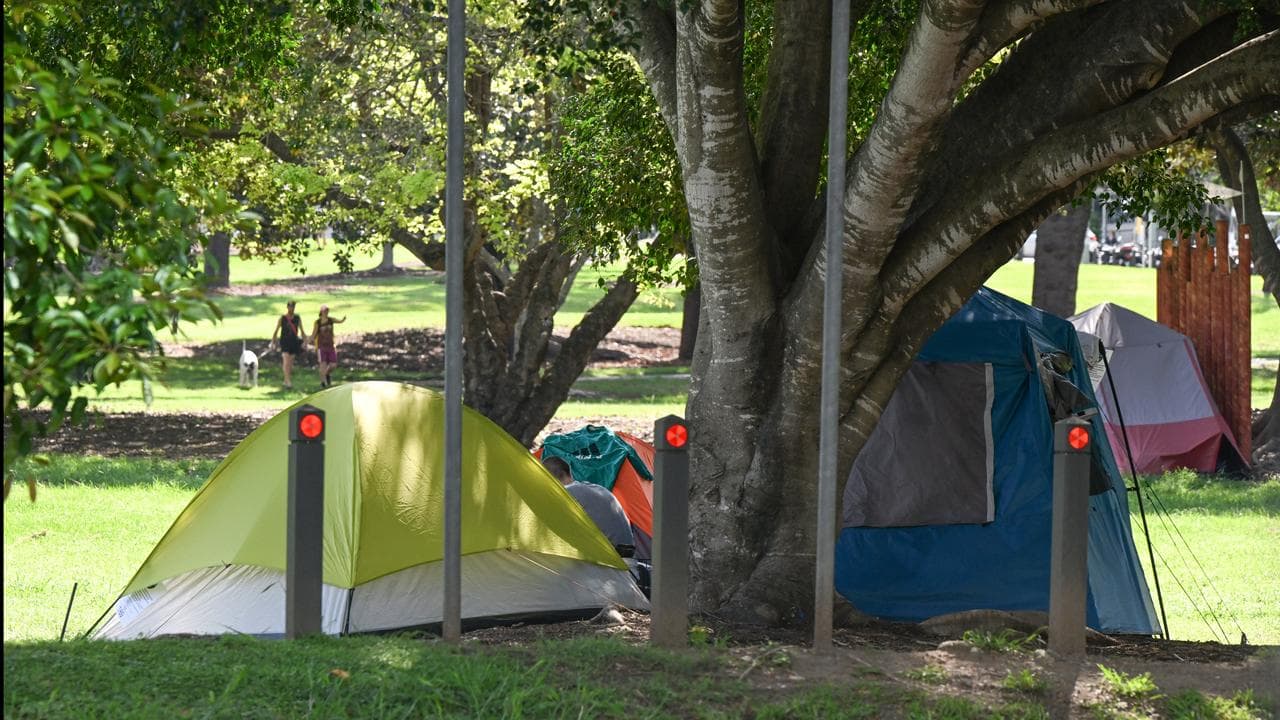 Tents of a homeless encampment in Musgrave Park, Brisbane