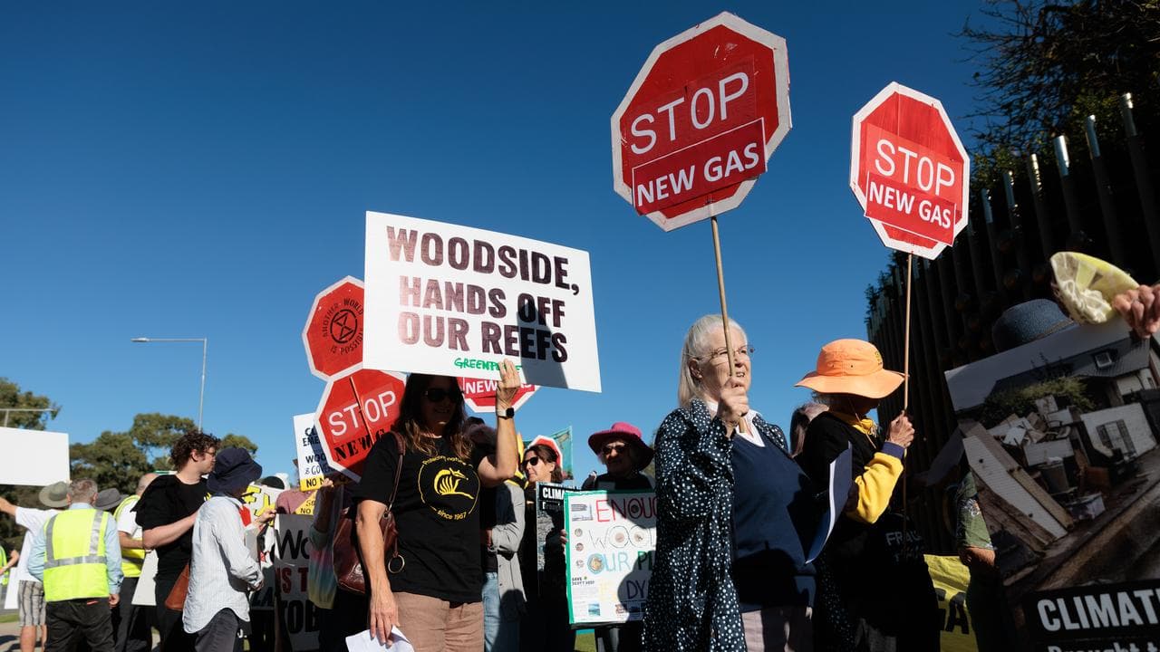 Protesters are seen outside the Woodside AGM
