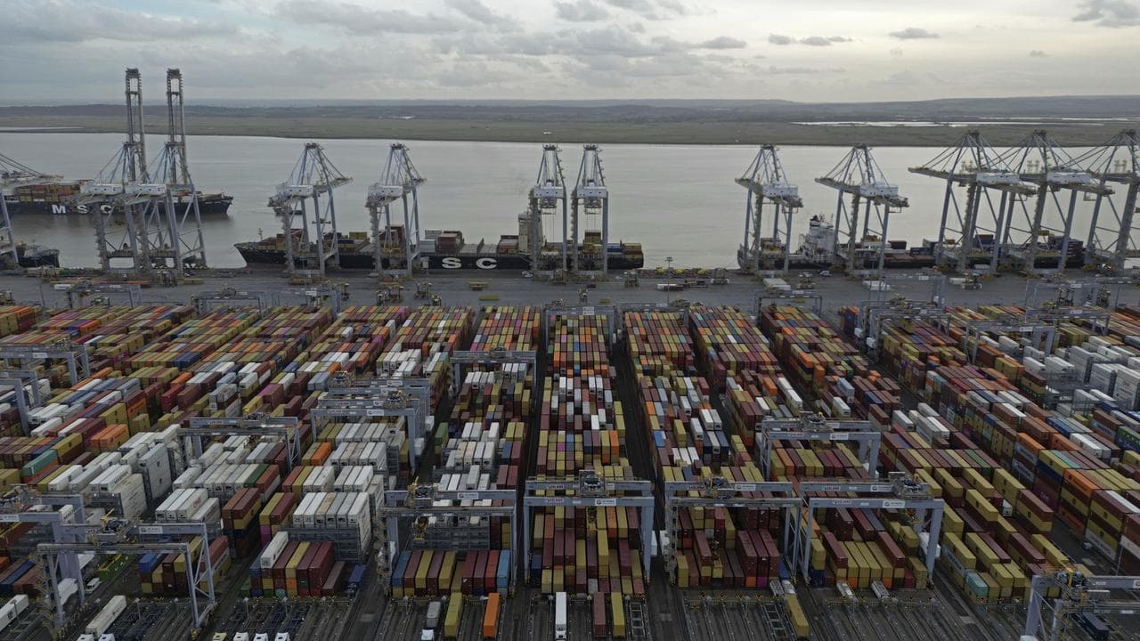 Shipping containers wait to be processed at London Gateway port