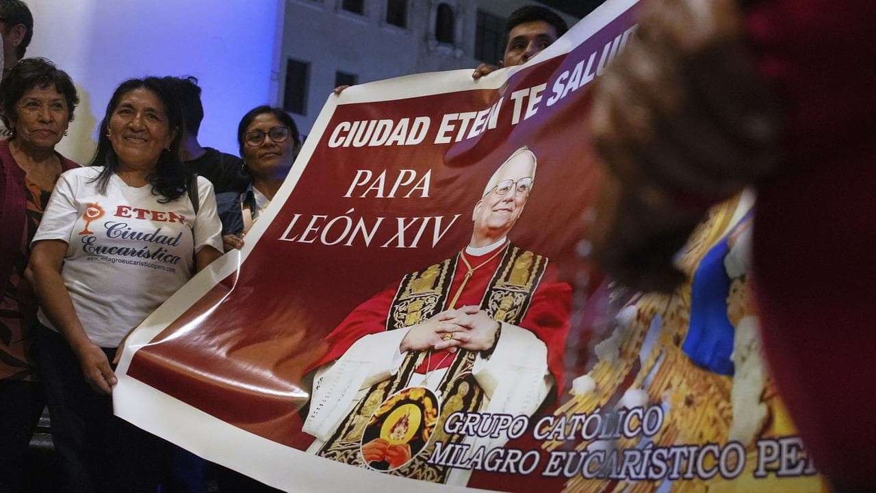 A banner of Pope Leo XIV in the Diocese of Chiclayo, Peru