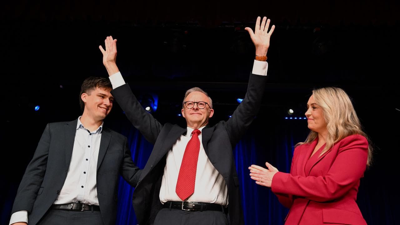 Anthony Albanese, with his son and partner, on election night
