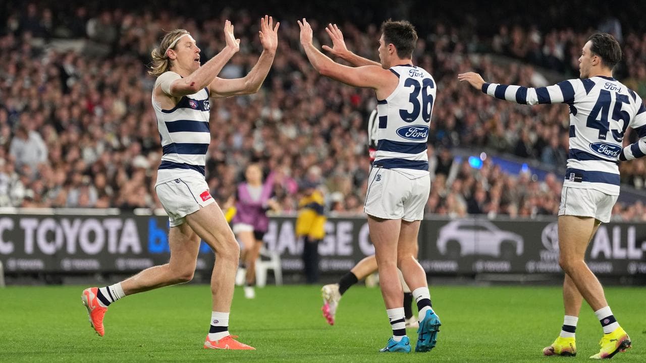 Celebrating Geelong players.