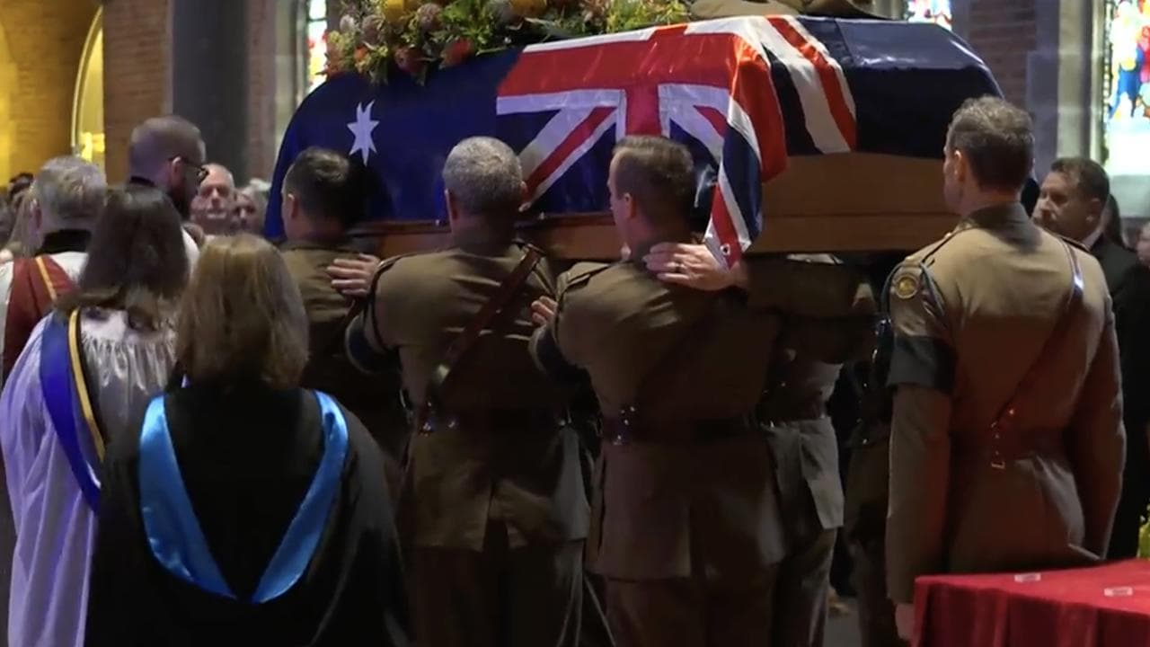 A screenshot from ABC TV of the funeral service for Arthur Leggett
