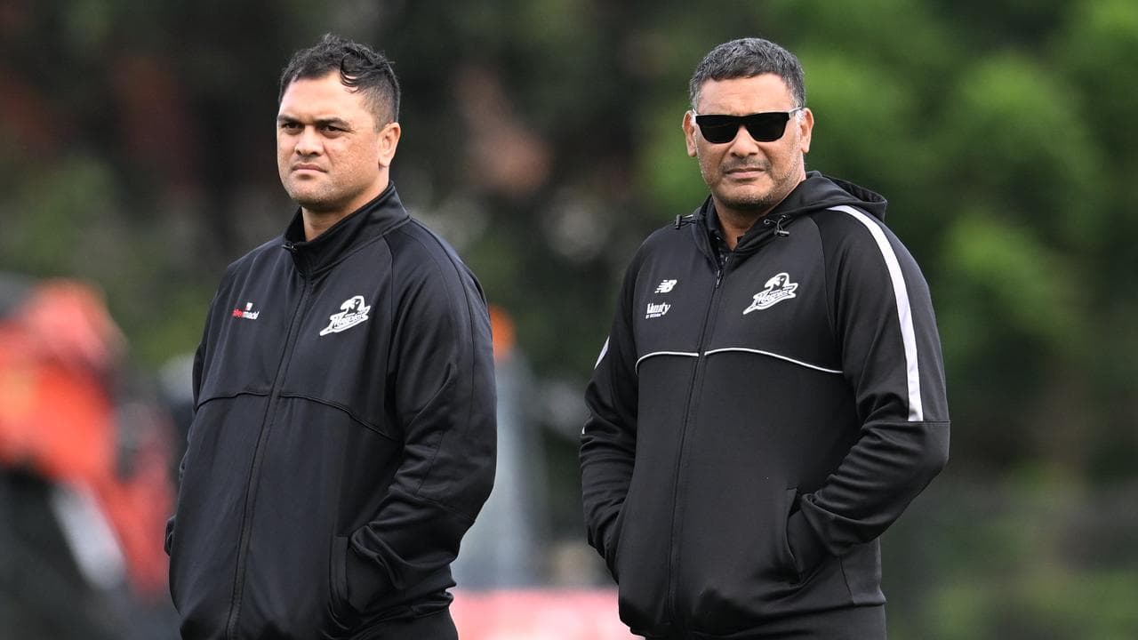 Souths-Logan coaches Karmichael Hunt (left) and Justin Hodges.