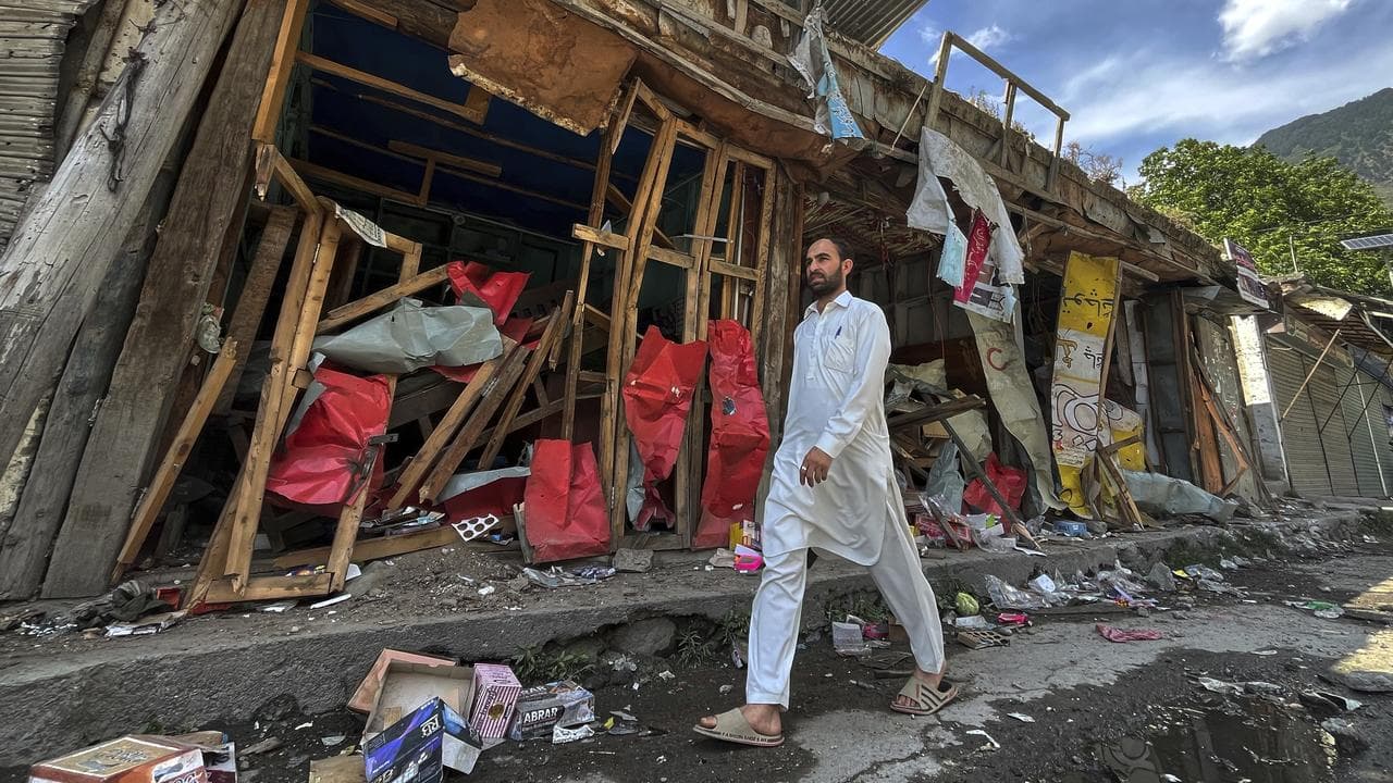 Shops damaged by Indian shelling in Jura inPakistani Kashmir