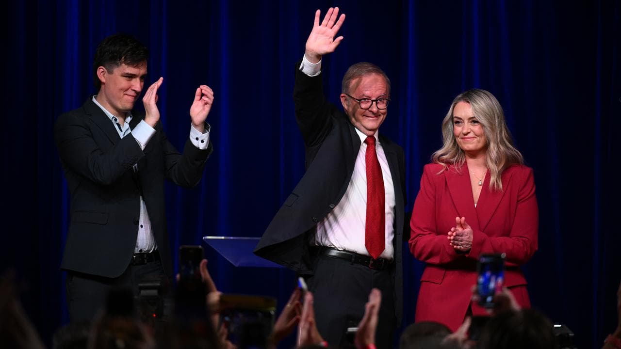 Anthony Albanese on stage on election night May 3, 2025.