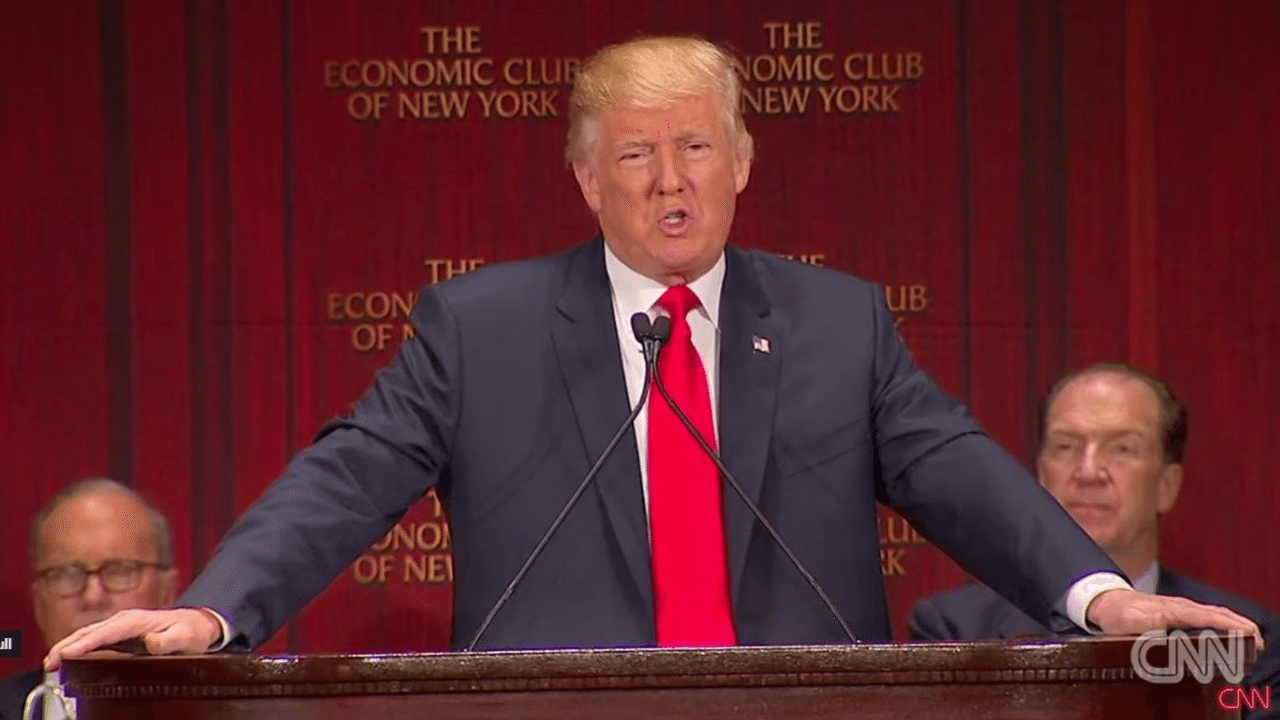 Screenshot from a video of Trump at a 2016 address.