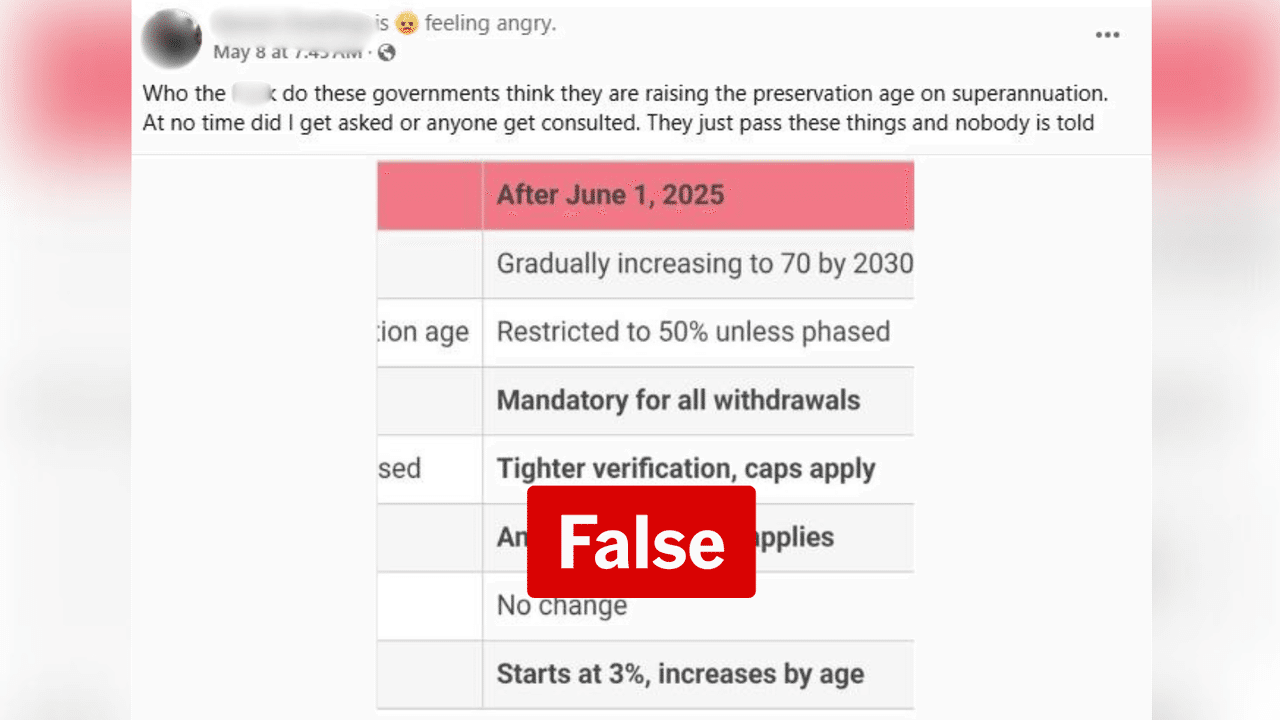 Screenshot of a Facebook post with false claims about superannuation.