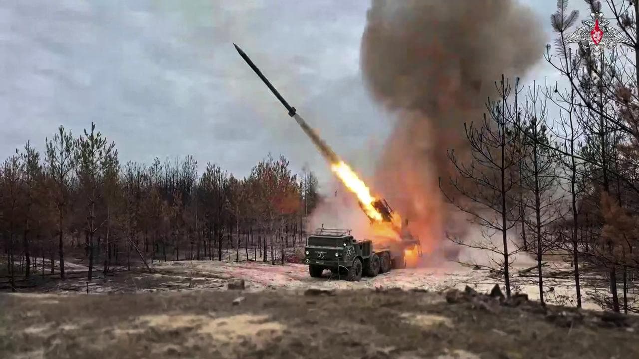Russia rocket launcher fires towards Ukrainian positions in Ukraine