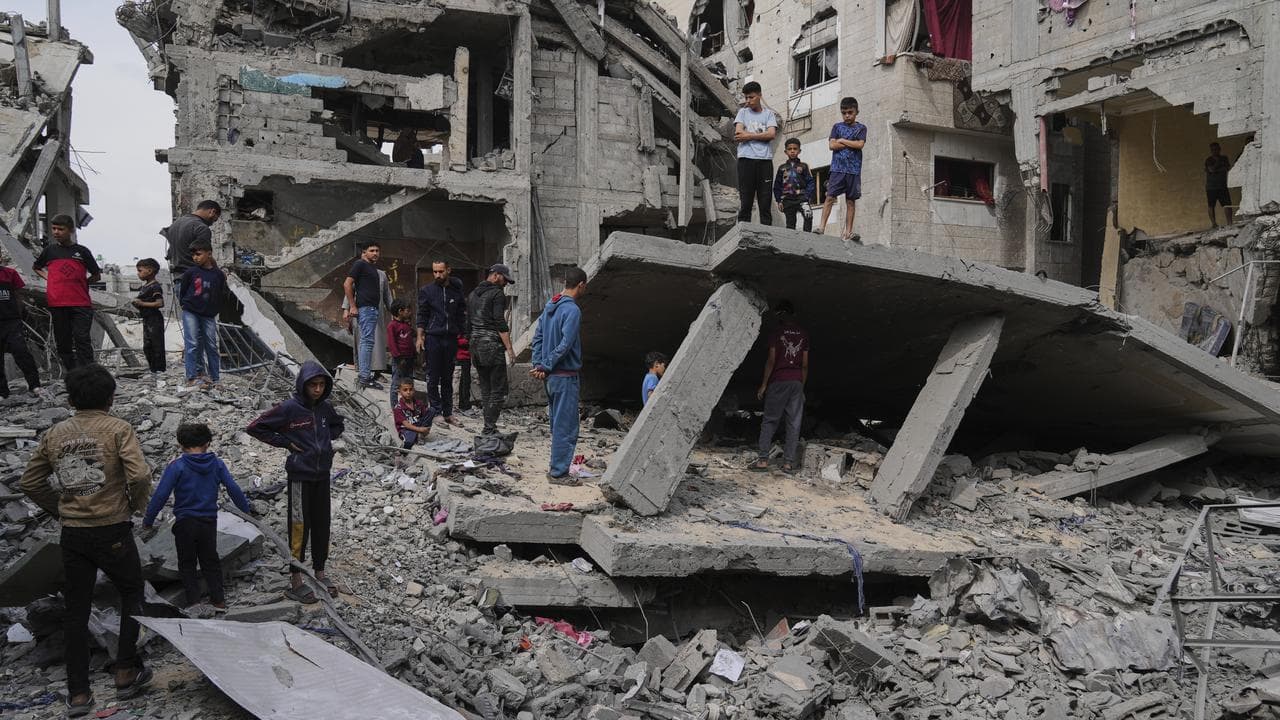 Rubble after Israeli air strikes in Khan Younis, Gaza Strip
