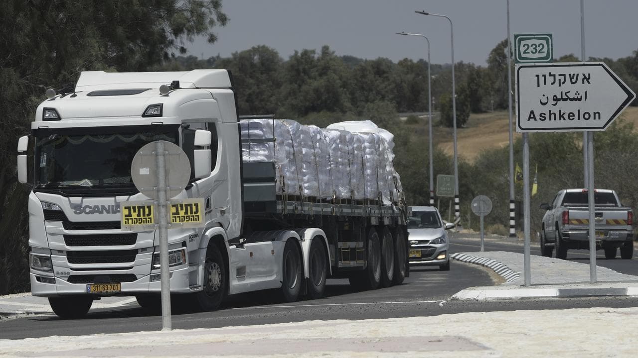Truck with humanitarian aid for the Gaza Strip near the Israel border