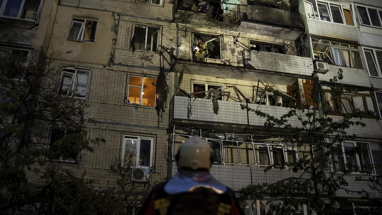 Residential building damaged after a Russian attack in Kyiv, Ukraine