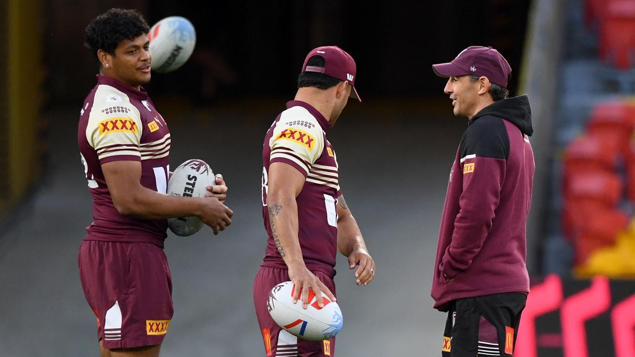 Selwyn Cobbo (left) and Maroons coach Billy Slater.