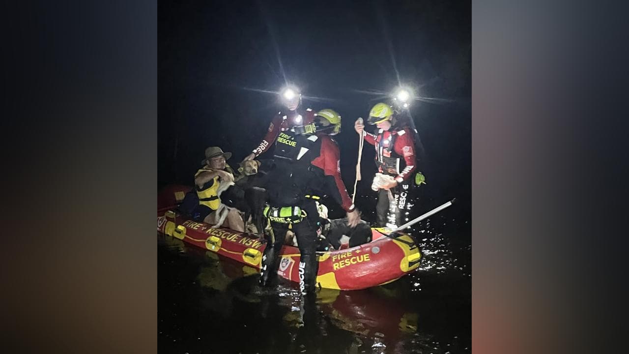 Two people and their dogs being rescued from flooding