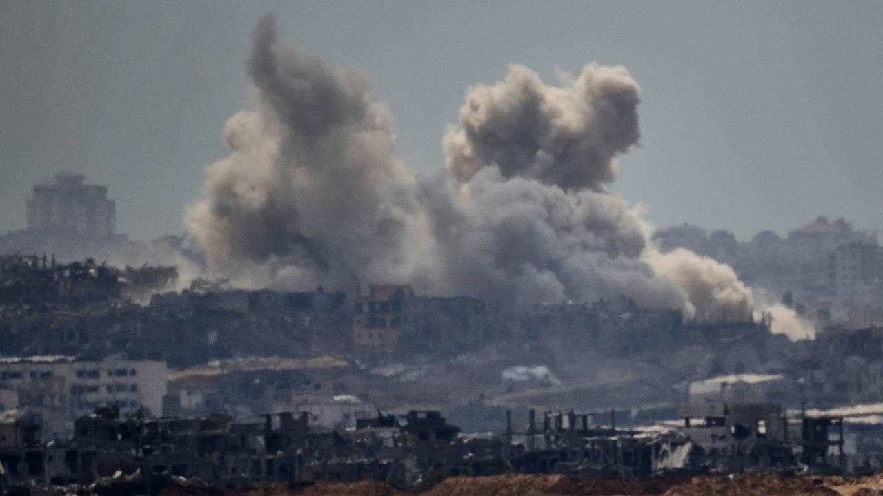 Smoke rises from an explosion in the Gaza Strip