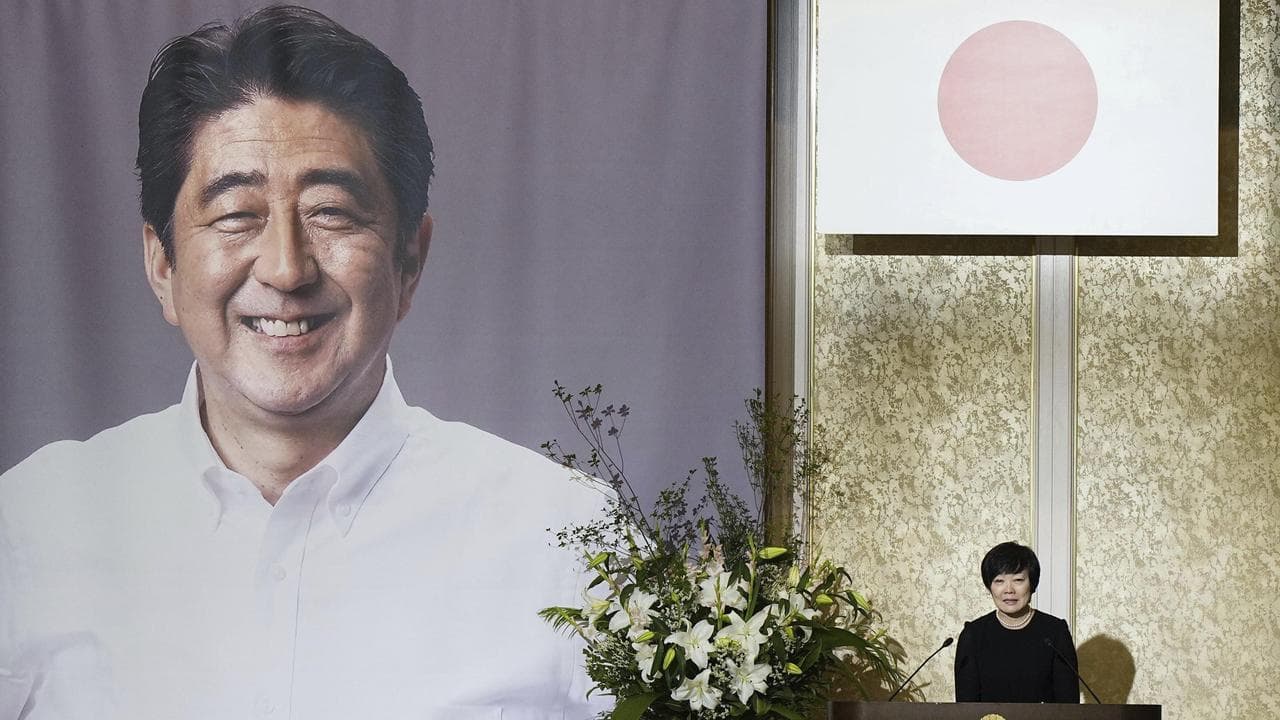 A photo of Shinzo Abe at a gathering in his memory in Tokyo.