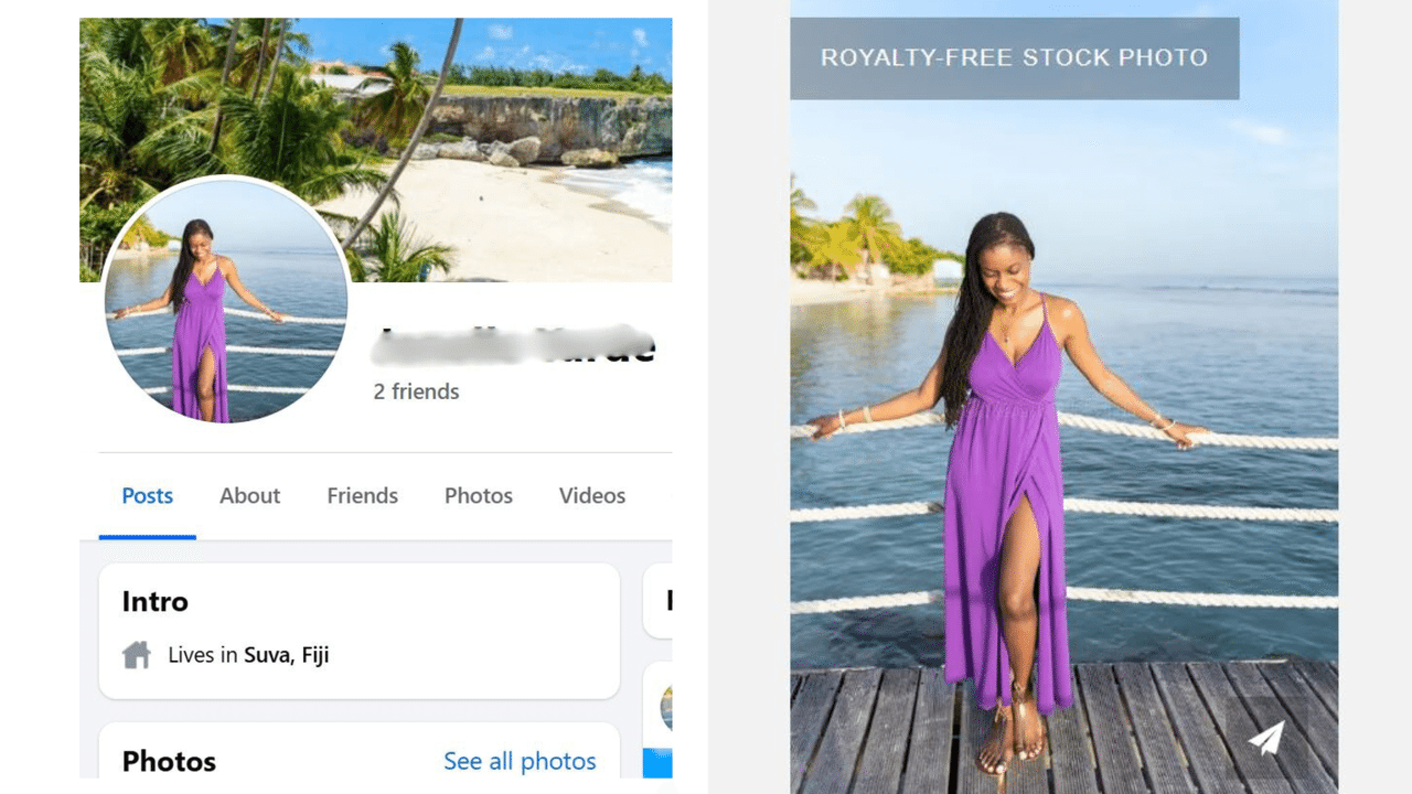 Screenshots of a fake Facebook profile and stock image.