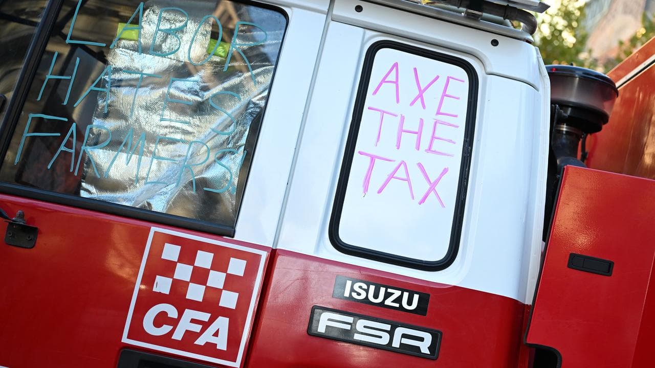 CFA fire trucks before a protest on budget day in Victoria