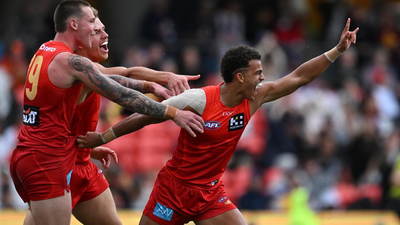 Suns debutant Leonardo Lombard (right) kicks his first goal.