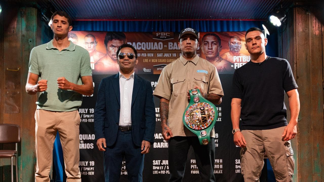 (L-R) Sebastian Fundora, Manny Pacquiao, Mario Barrios and Tim Tszyu.