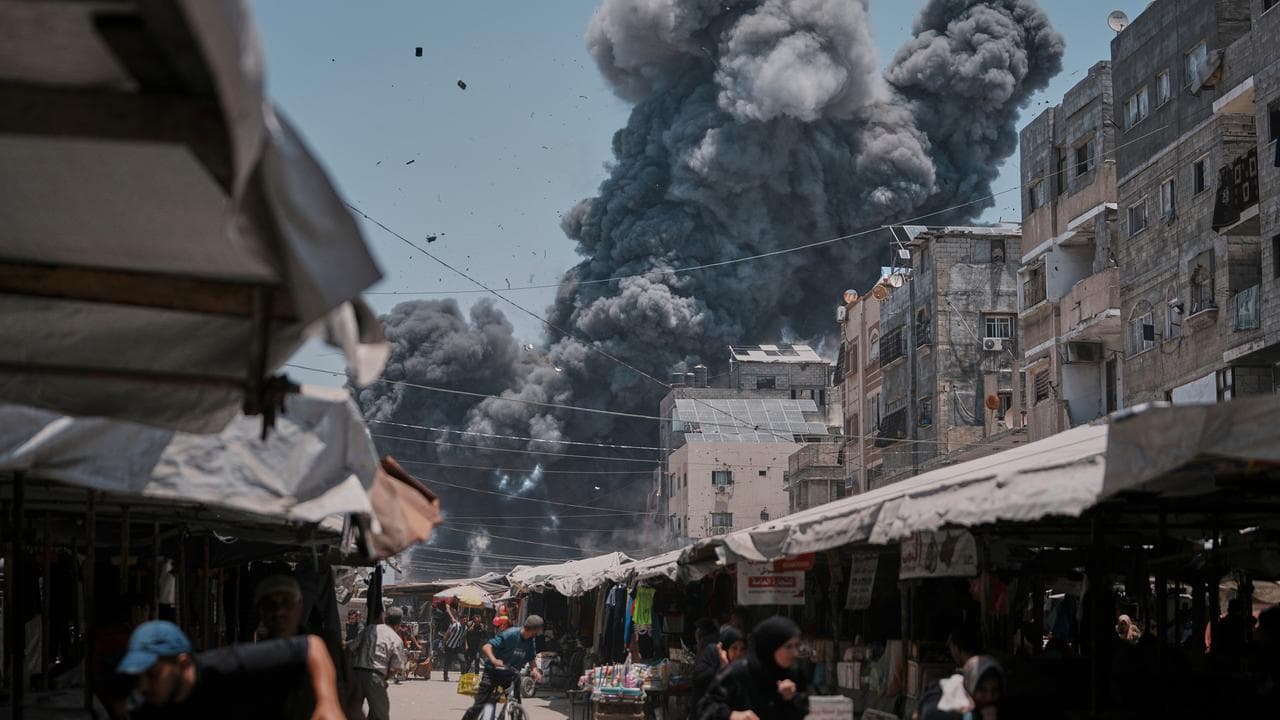 Smoke rises after an Israeli airstrike in Gaza City
