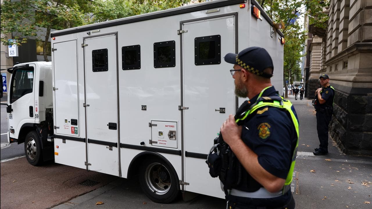 A prisoner van arrives at Melbourne Supreme Court February 16, 2024
