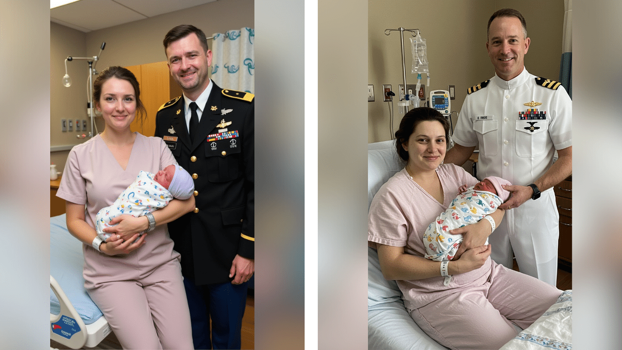 Two AI pics of supposed new parents with their baby