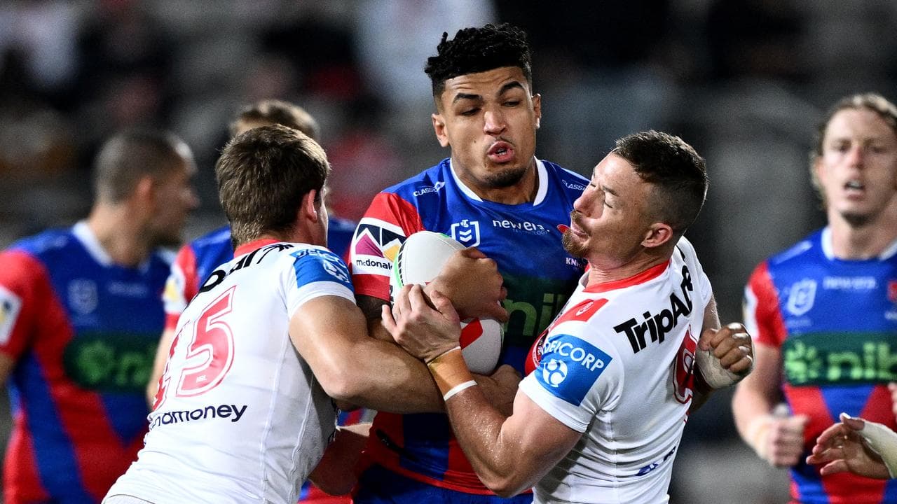 Newcastle second-rower Kai Pearce-Paul (centre)