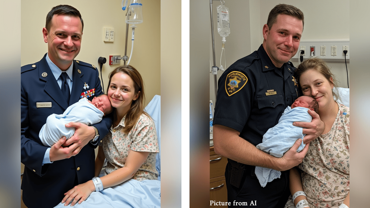 Two AI images of new parents with their baby.