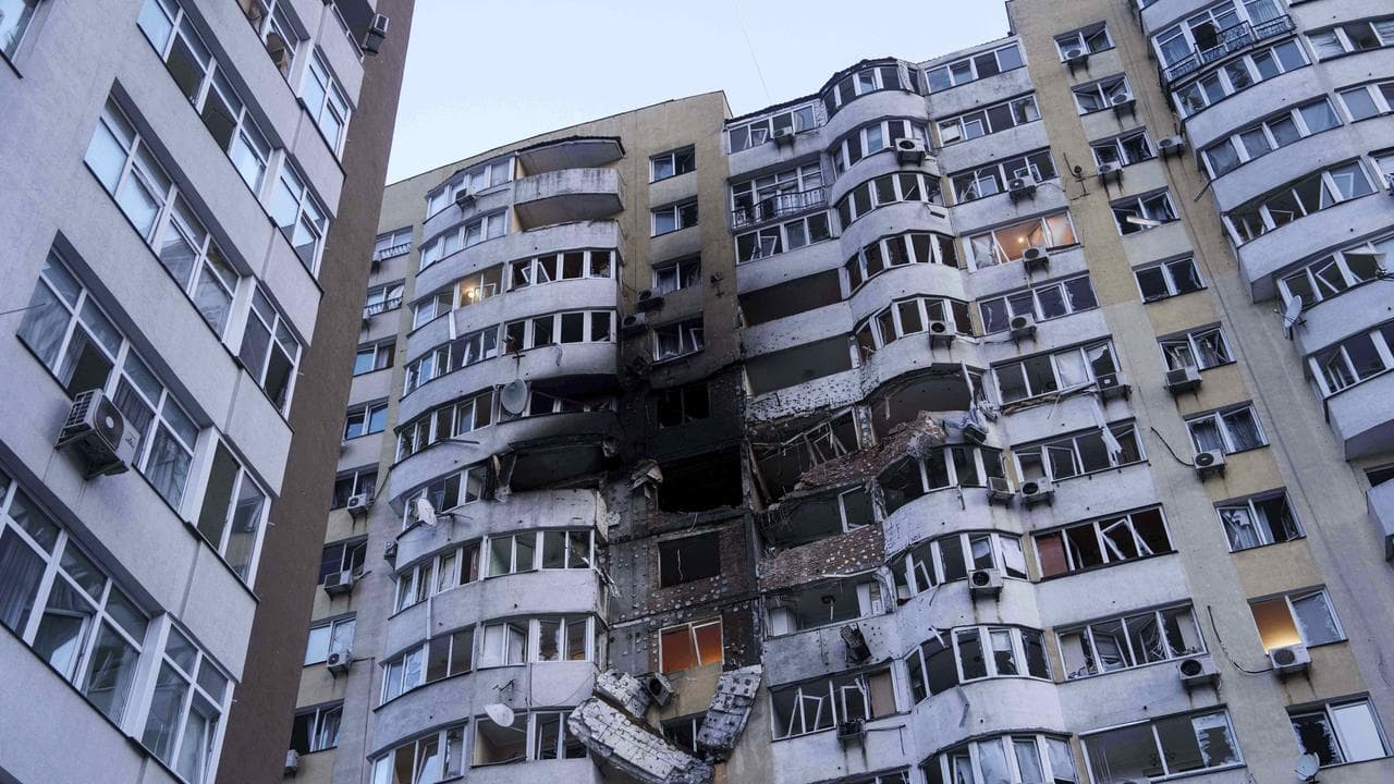 The damage to an apartment building in Kyiv
