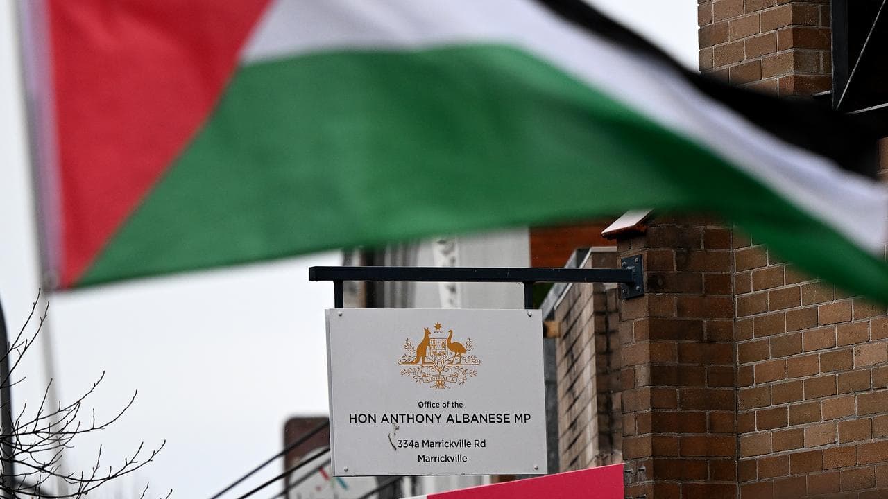 Protesters outside Prime Minister Anthony Albanese's electorate office
