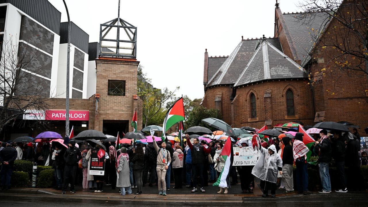 Protesters outside Prime Minister Anthony Albanese's electorate office