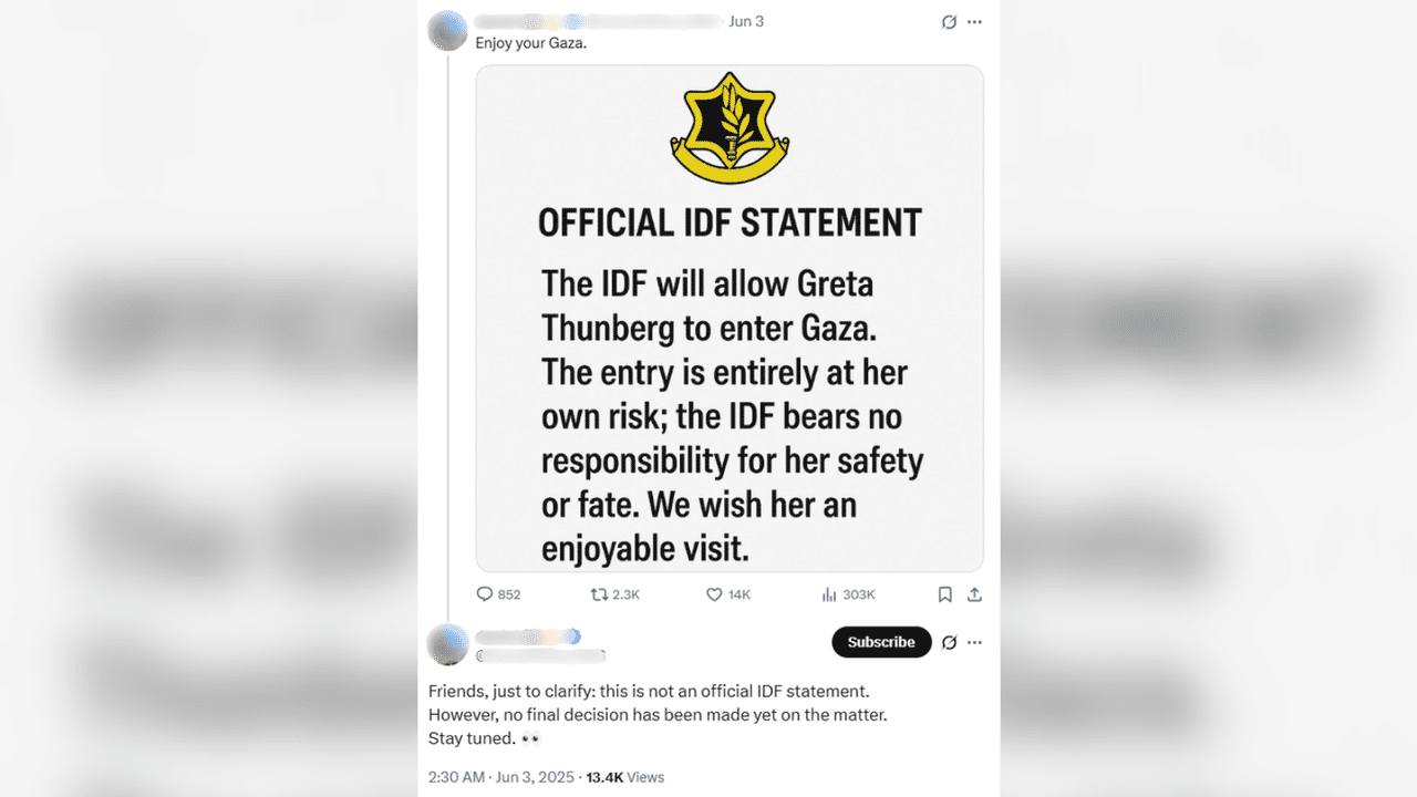 X post clarifying supposed IDF statement on Greta Thunberg was fake.