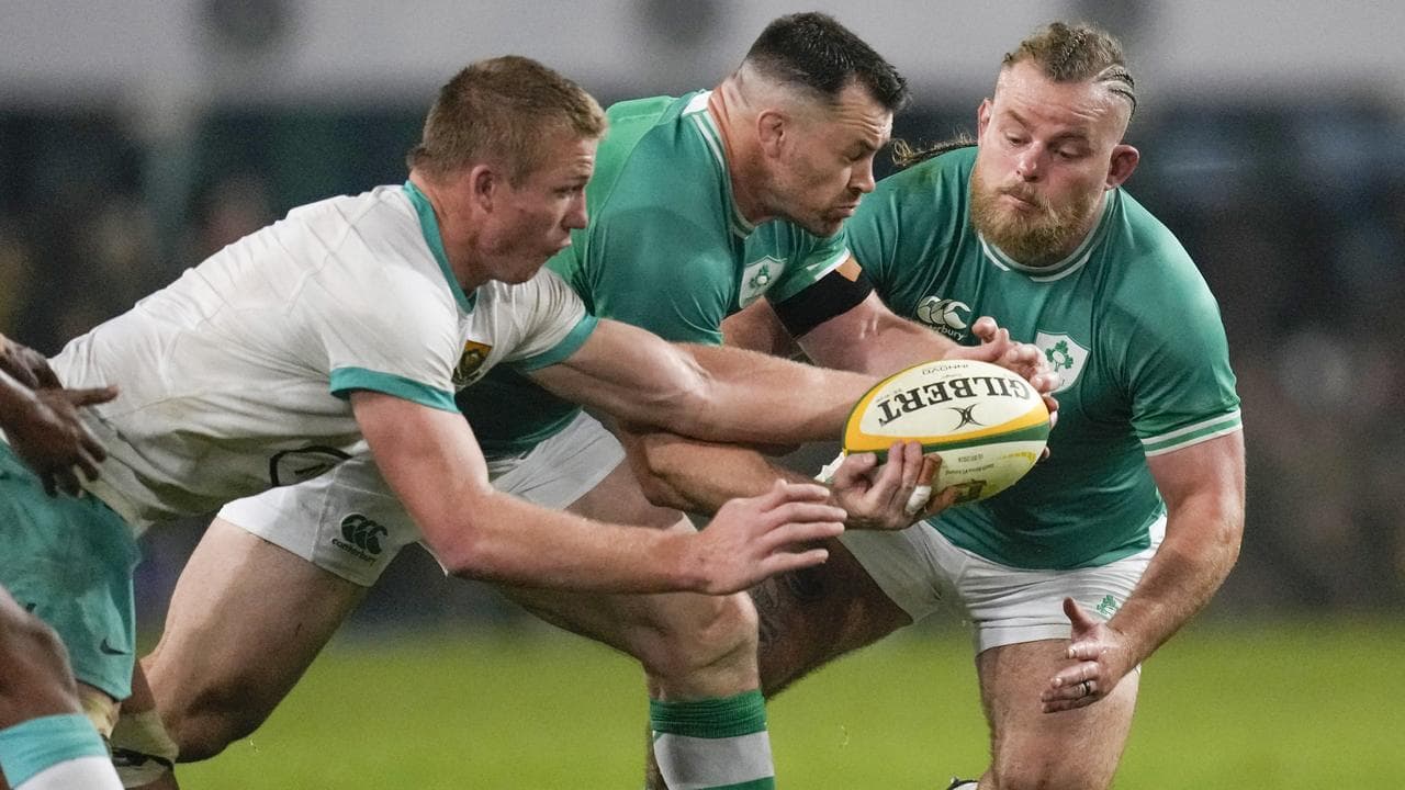 (L-R) Pieter-Steph du Toit, Cian Healy and Finlay Bealham.