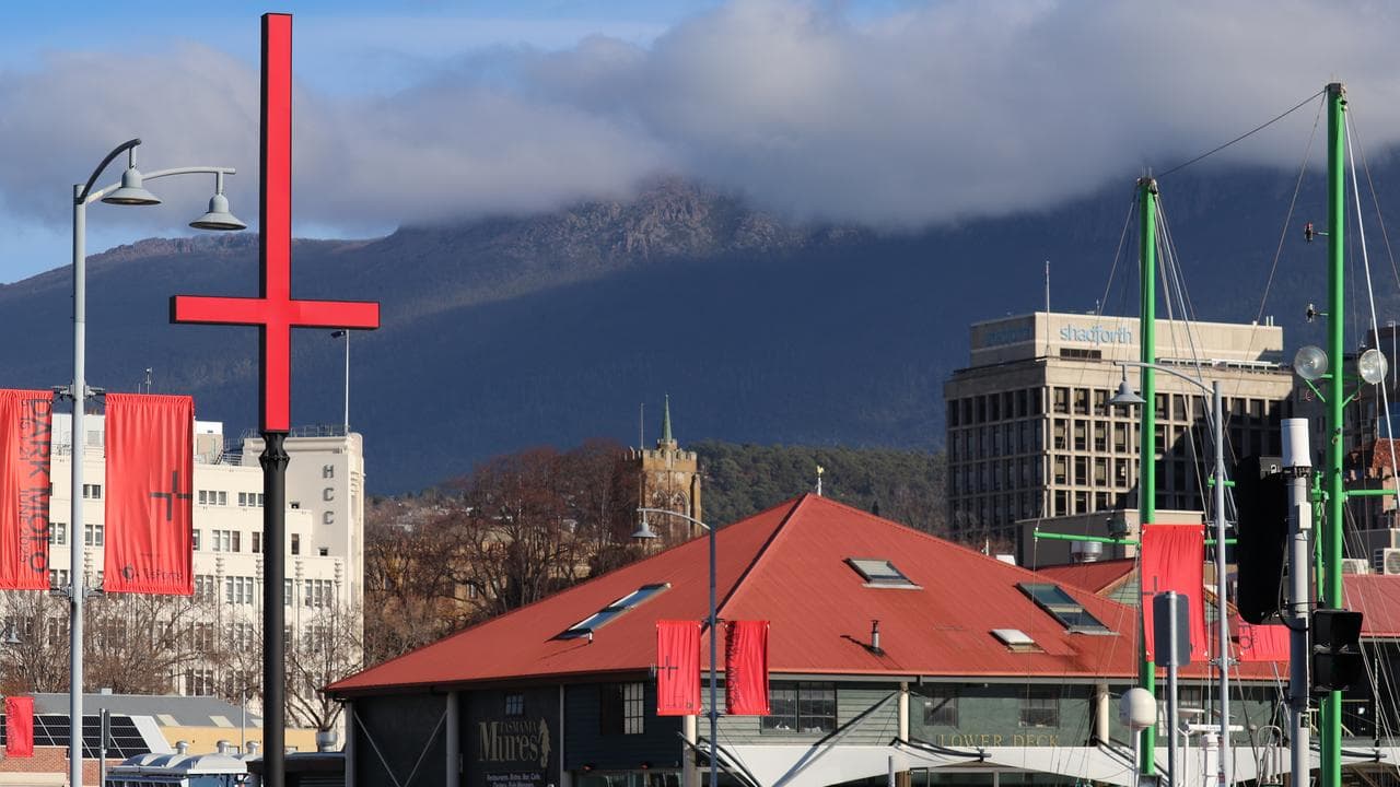 Dark Mofo signage is seen in Hobart,