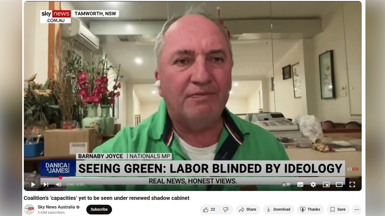 Barnaby Joyce amid a Sky News interview.