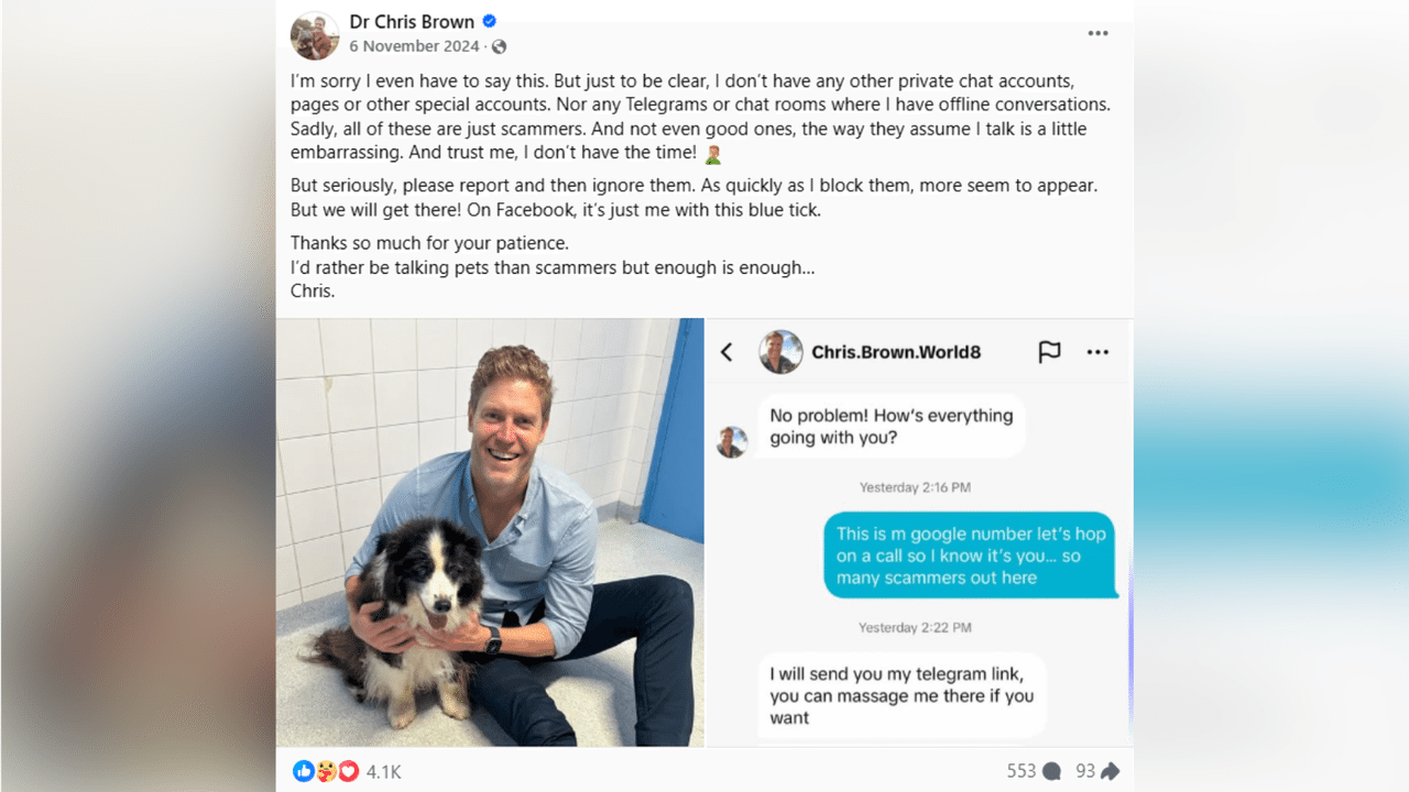 Dr Chris Brown's Facebook post about scam pages impersonating him