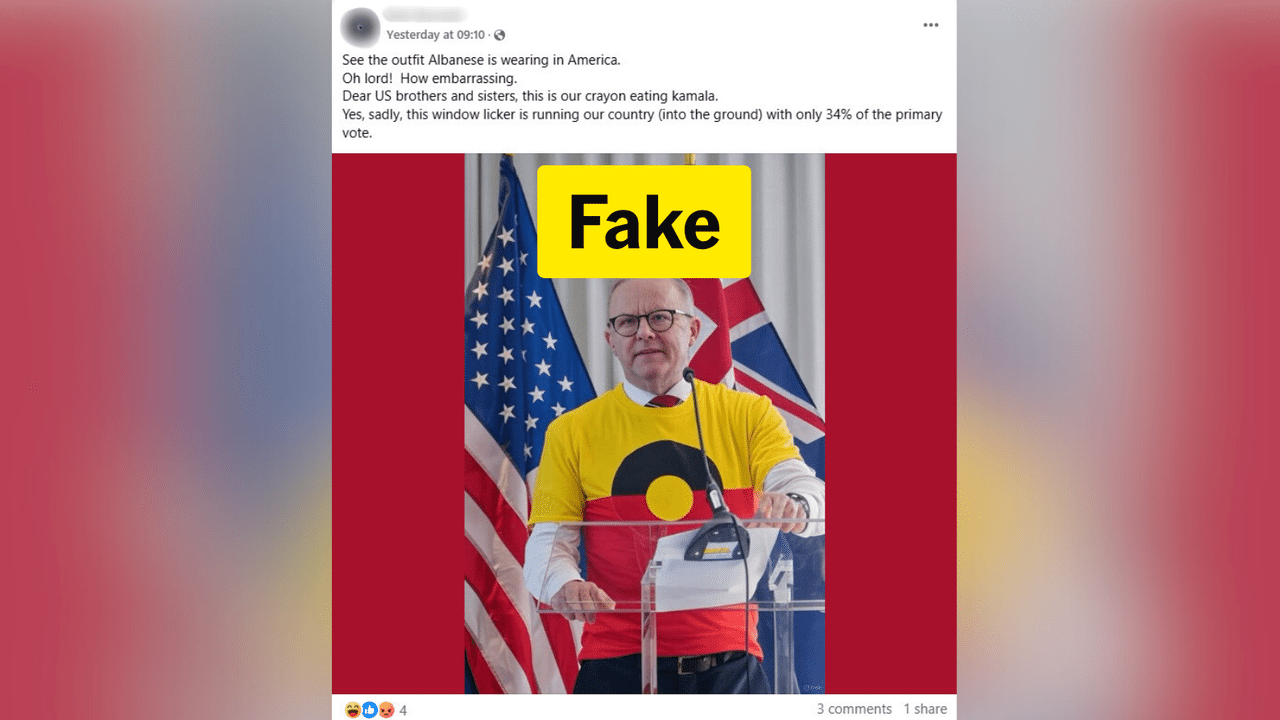Fake AI image on Facebook of Anthony Albanese in First Nations T-shirt
