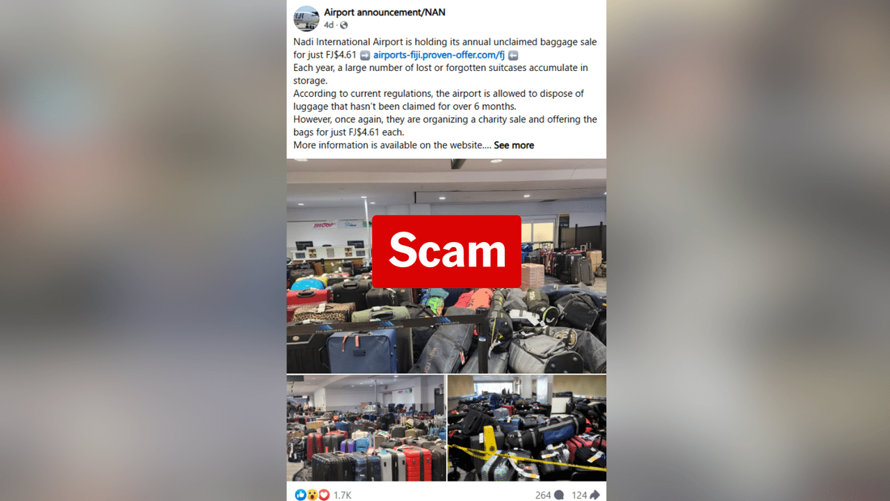 Scam Facebook post about luggage sale at Fiji's Nadi Airport