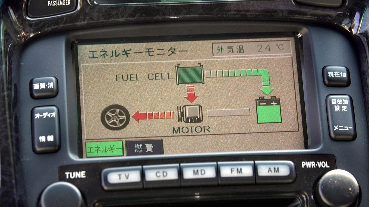 A dashboard display in an early Toyota hydrogen-electric vehicle