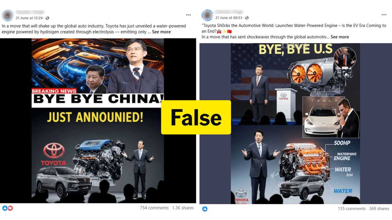 Two false Facebook posts claiming Toyota has a water-powered car