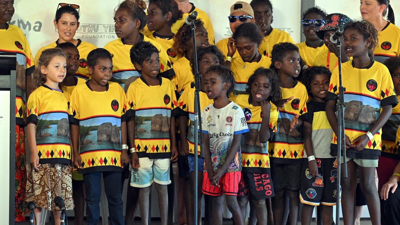 Children from Dhupuma Barker School sing during the Garma Festival