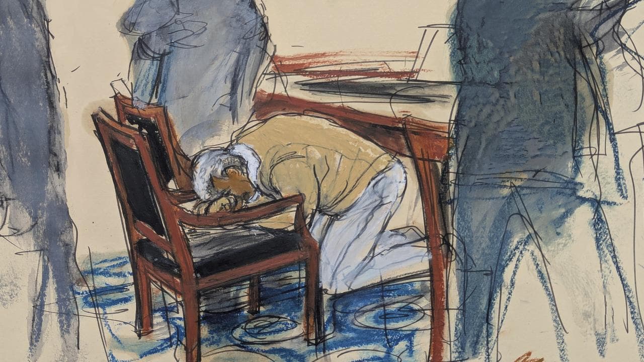 Court sketch of Sean Combs kneeling in court after the verdict